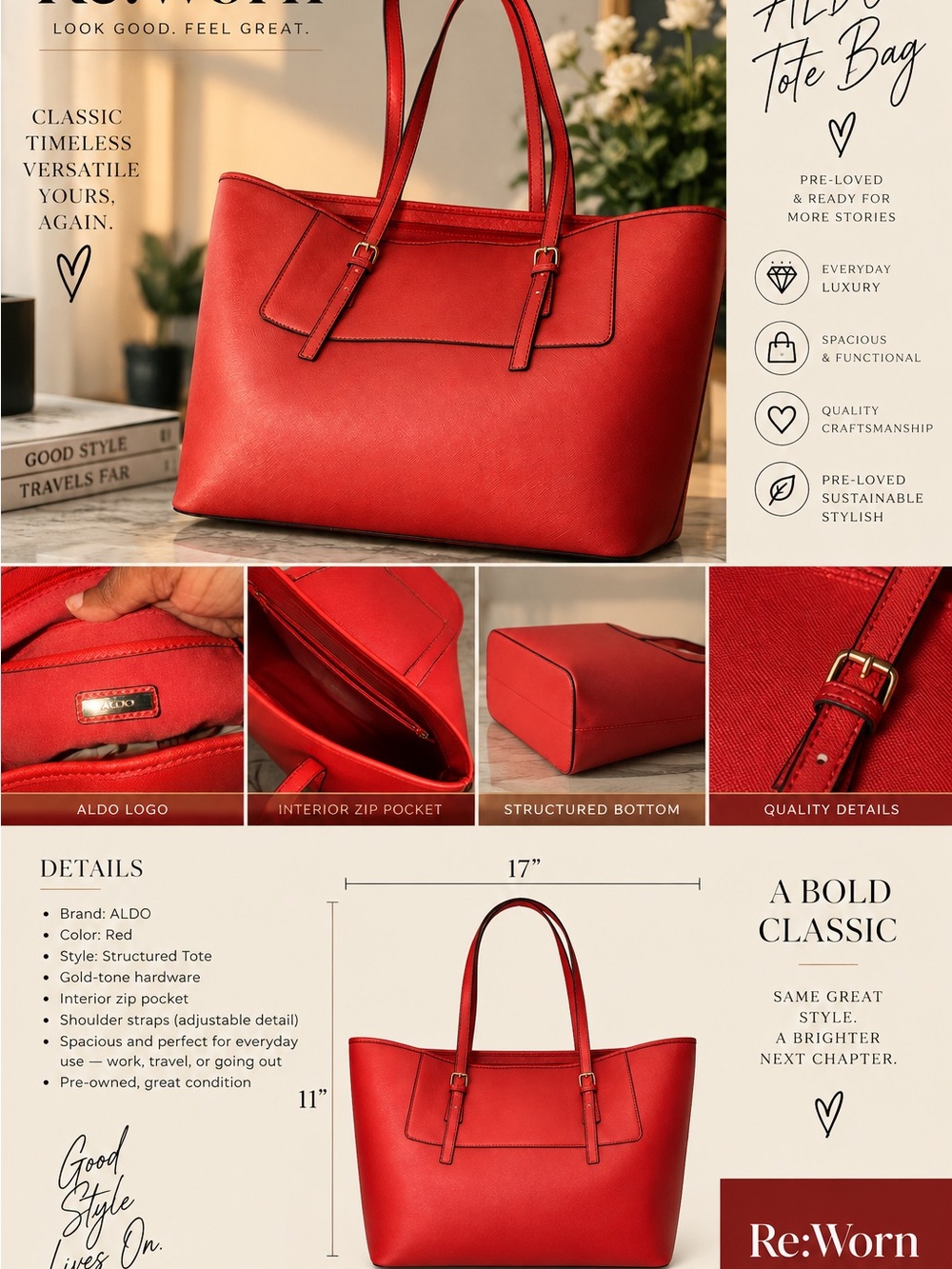 ALDO Red Structured Tote with Gold-Tone Accents